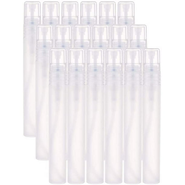 Paquete de 24 tubos de perfume de plástico esmerilado de 10 ml, botella con rociador de niebla fina, artículos esenciales de viaje para aceites esenciales, perfumes, tónicos, líquidos de limpieza,
