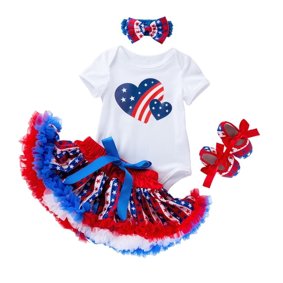 Coerni 4th of July Baby Girl Outfit Short Sleeve Letter Printed Jumpsuits Ruffle Tulle Skirt Headband Shoes Summer Clothes Set