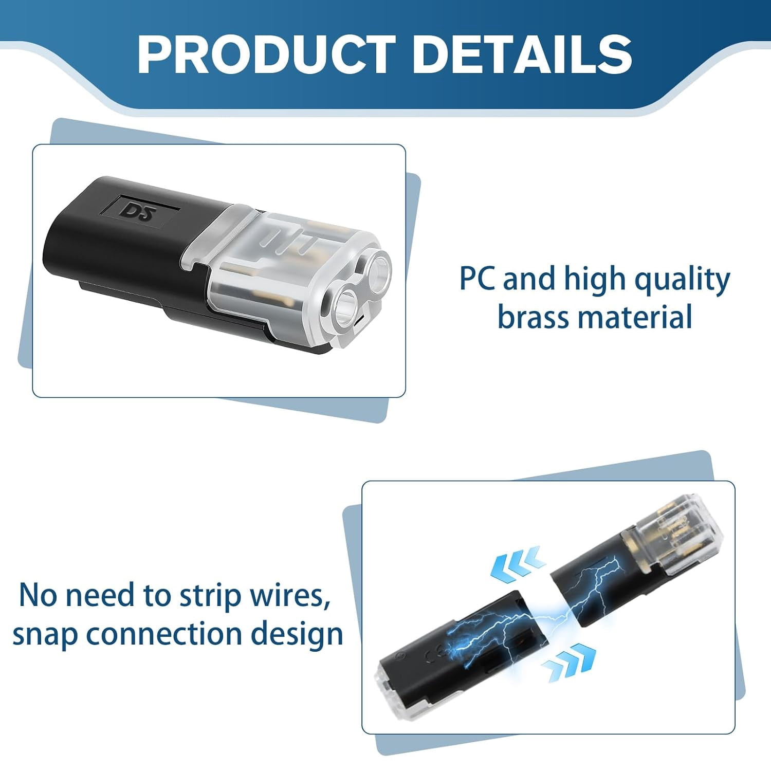 Dual wire plug-in connector, quick connect push-in rod type cable connector suitable for light strips, 2-pin low voltage locking clip, suitable for 22-18 solid and stranded wires, no soldering (20 pc