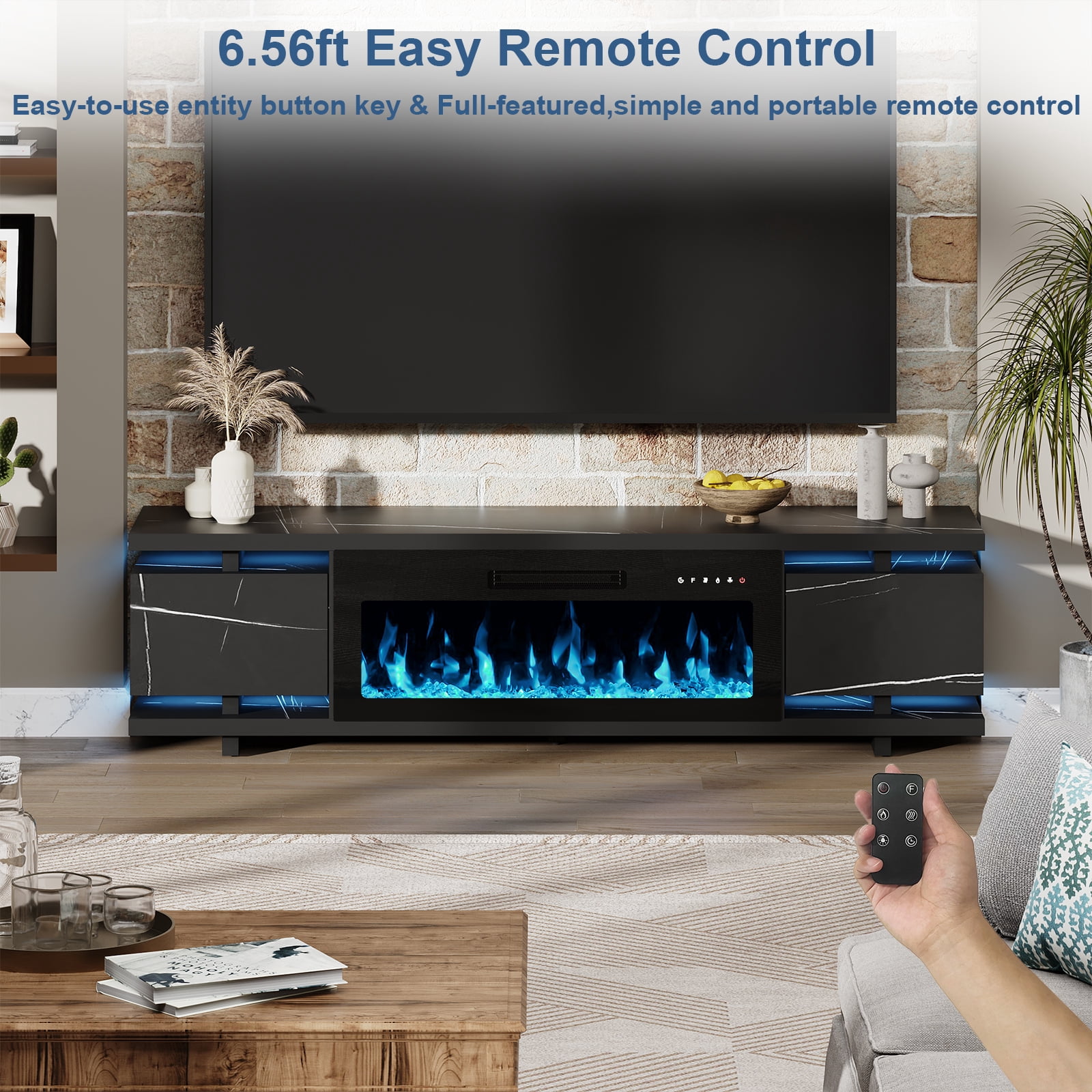 FAGAGA 69" Electric Fireplace TV Stands for TVs up to 80", LED Lights and Remote Control,Black