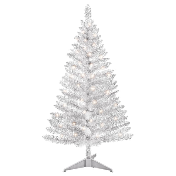 Árbol de Navidad con forma de guirnalda plateada con forma de guirnalda, 4 pies, con luces