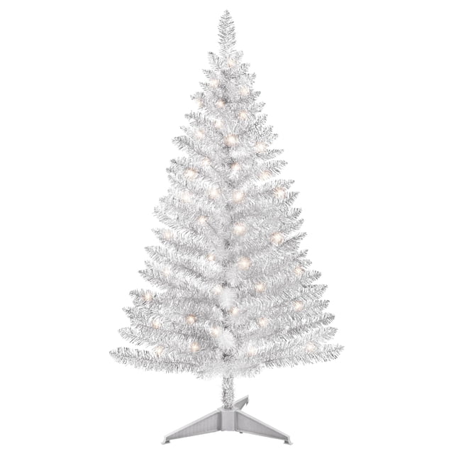 Árbol de Navidad con forma de guirnalda plateada con forma de guirnalda, 4 pies, con luces