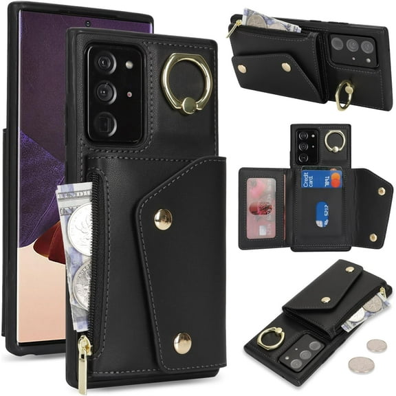 for Samsung Galaxy Note 20 Ultra Case Wallet with Card Holder - Zipper Pocket,Credit Card Slots,RFID Blocking,Stand Ring,Double Snap Cover for Women and Men(Black,6.2 Inch)
