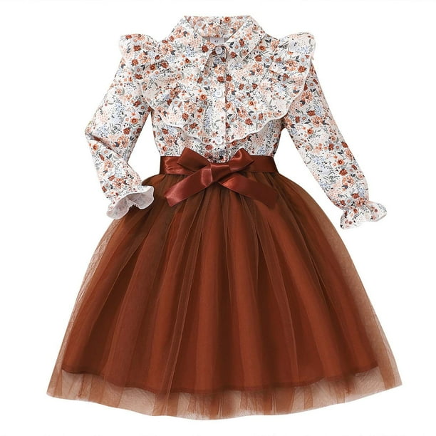 Odeerbi Vestidos Florales Retro Vintage Para Niñas Vestido de Tul de Manga Larga Vestido de Malla Con Solapa de Muesca Y Cintura de Satén