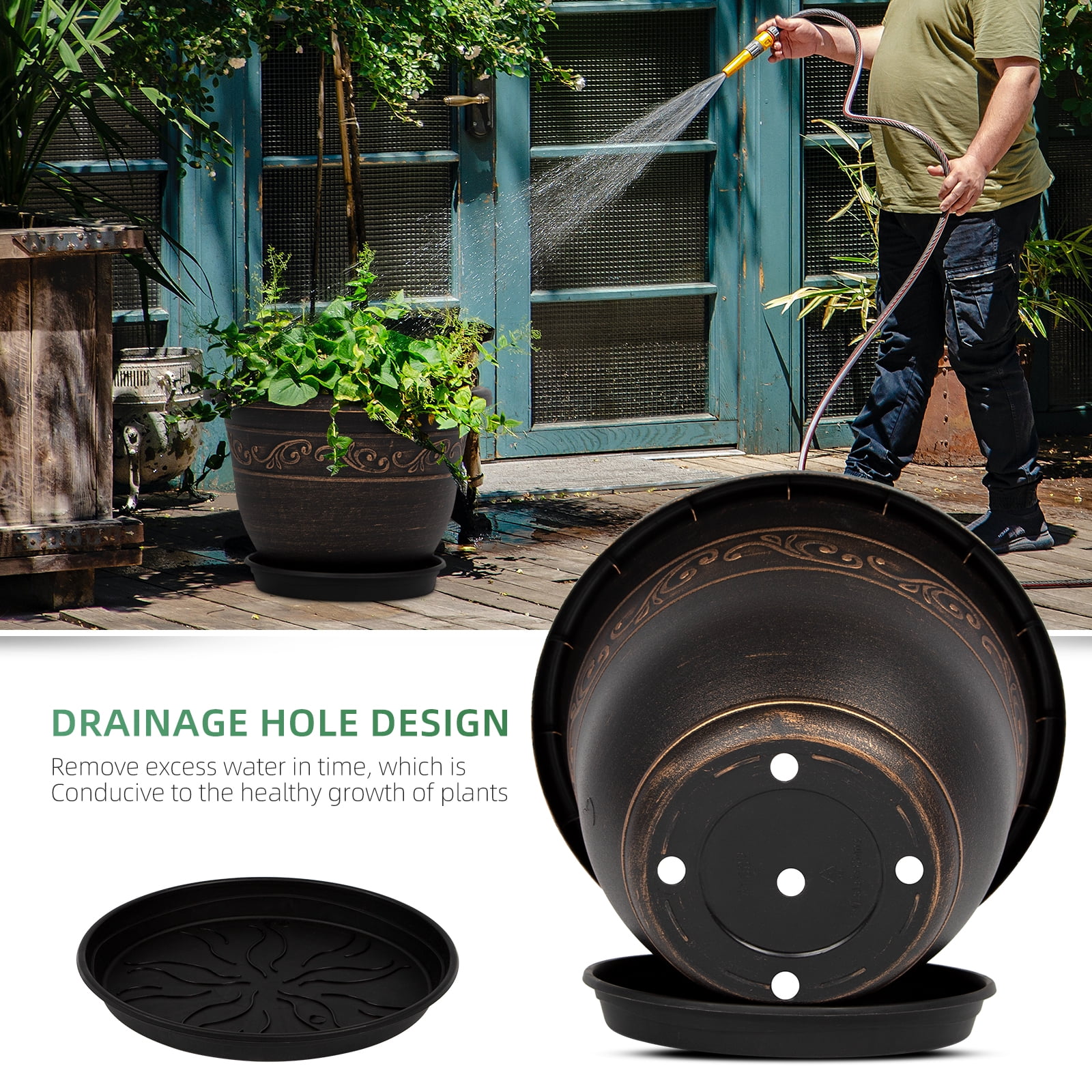 QCQHDU Plant Pots, 3 Packs 10 inch Planters with Drainage Hole Saucer, Plastic Flower Pots for Indoor Plants Retro Decorative for Outdoor Garden Container Sets(Gold-10 inch)