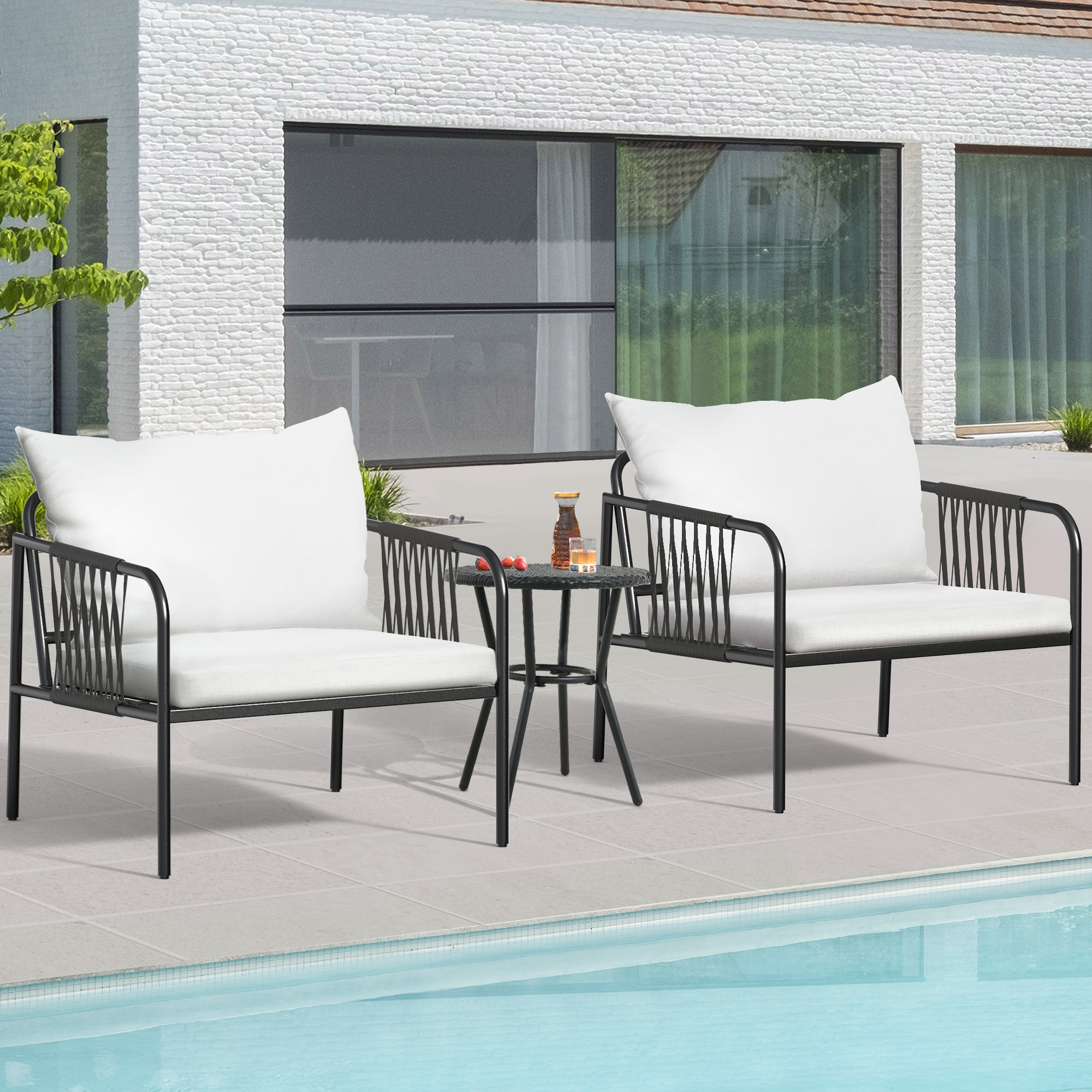 YITAHOME 2PC Outdoor Armchair Seating Patio Chair Bistro Set Furniture Sofa Rattan WickerWhite