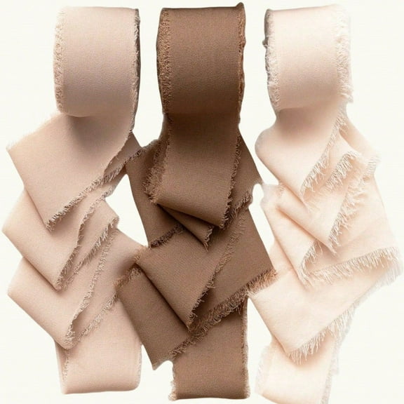 3 Rolls Chiffon Ribbon Rolls, 4cm x 5m, Chiffon Silk Ribbon with Fringe for Bridal Bouquets Wedding Invitations Floral Arrangements Gift Wrapping Home Decor (Coffee color series)