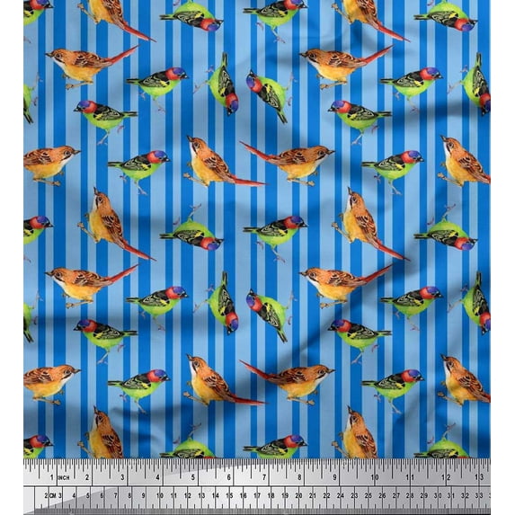 Soimoi Moss Georgette Fabric Stripe & Sparrow Bird Fabric Prints by Yard 42 Inch Wide