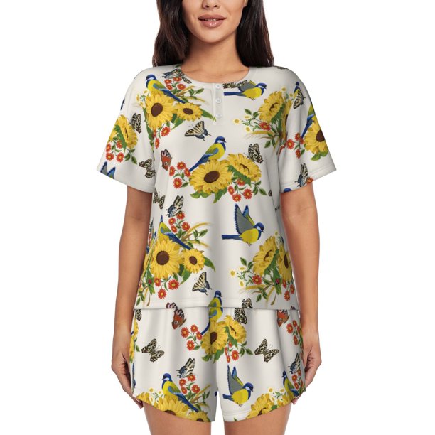 Fotbe Bird Sunflowers Conjunto de Pijama Estampado para Mujer, 2 Piezas, Ropa de Dormir con Camiseta de Manga Corta y Shorts Suaves-3X-Large