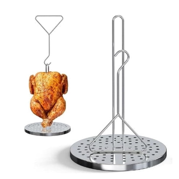 Turkey Chicken Fryer Stand Rack with Handle Lifter Hook, Vertical Roaster for Smoker Grill, Stainless Steel Turkey Fryer Kit, 10.3 x 13.8 in, Silver