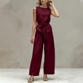 thumbnail image 5 of Idoravan Women Summer 2 Piece Outfits Wide Leg Pants Set Vacation Travel Airport Outfits Women’S Fashion Solid-Color Round Neck Strap Sleeveless Shirts Pocket Pants Sets, 5 of 7
