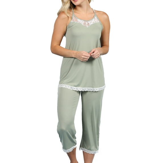 Doublju Women's Sleeveless Racerback Lace Capri Pajama 2 Pcs Set (Plus Size Available)