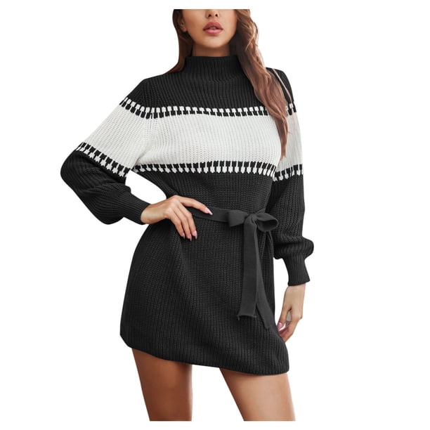 Gibobby Suéter de Punto, Suéter corto de manga larga con cuello redondo para mujer, cuello alto, suéter de acanalado(Negro,CH)