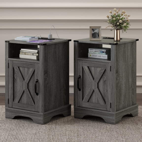 Farmhouse Nightstand Set of 2 with Charging Station, 25 in End Table with Cabinet and Open Shelf for Bedroom