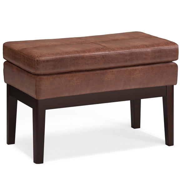 Carlson 27 inch Wide Mid Century Small Ottoman Bench in Distressed Saddle Brown Vegan Faux Leather