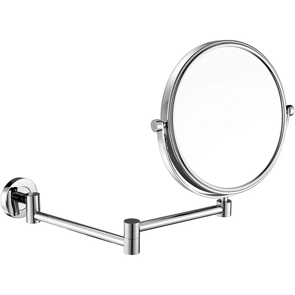 Wall-Mounted Makeup Mirror,8 inch Brass Magnifying Round Double Sided Shaving Mirror,Bathroom Extendable 360° Swivel Cosmetic Vanity Mirror,Chrome,10X /Chrome/5X