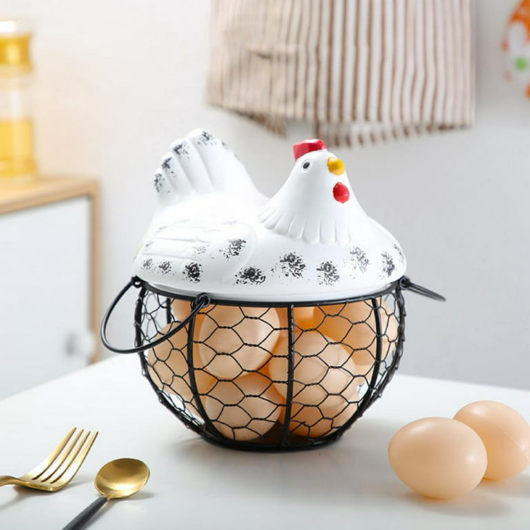 Ceramic Egg Holder Chicken Wire Egg Basket Fruit Basket Collection Ceramic Hen Oraments Decoration Kitchen Storage 19cm x 22cm, Size: 16, White