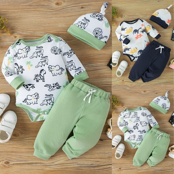 Ulanda Preemie Baby Boys Outfits Dinosaur Bodysuit Romper Short Pants Hats 3Pcs Summer Clothes Set (Blue, 6-9 Months)