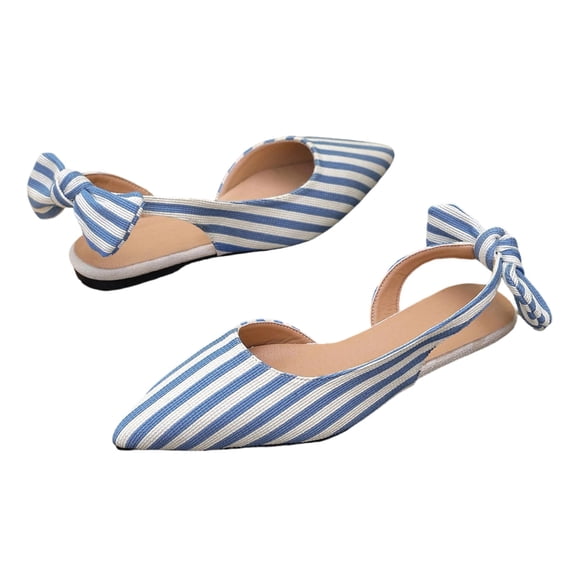 hoksml Women Pointed Toe Slingback Flat Flats, Striped Canvas Upper Back Bow Tie Slip On Casual Dress Shoes