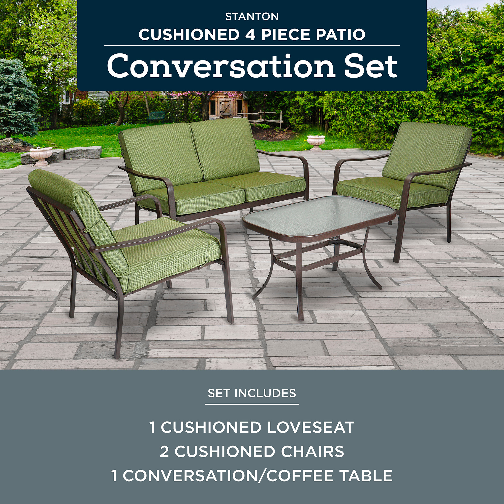 Mainstays Stanton 4-Piece Patio Furniture Conversation Set, Green, Metal - image 2 of 9