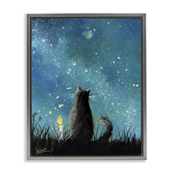 Stupell Industries Cat Gazing at Stars Astrology & Stars Painting Gray Floater Framed Canvas Art Print Wall Art, 17 x 21