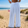 thumbnail image 2 of Women's Linen Pants High Waisted Pant Summer Casual Wide Leg Drawstring Trousers Beach Vacation Clothes by Yigetop Light blue L, 2 of 7