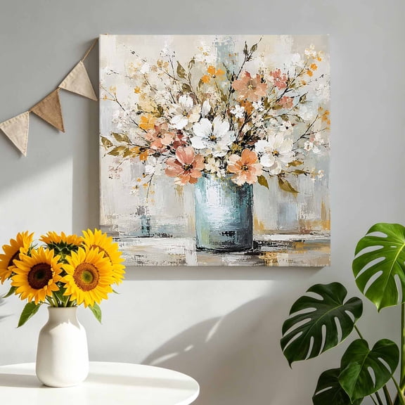 Flower Bouquet Canvas Wall Art Framed Wall Decor for Living Room Bedroom Bathroom, Country Vintage Pastoral Pink White Floral Leaf Vase Canvas Pictures Ready to Hang Decor, 10"x10"
