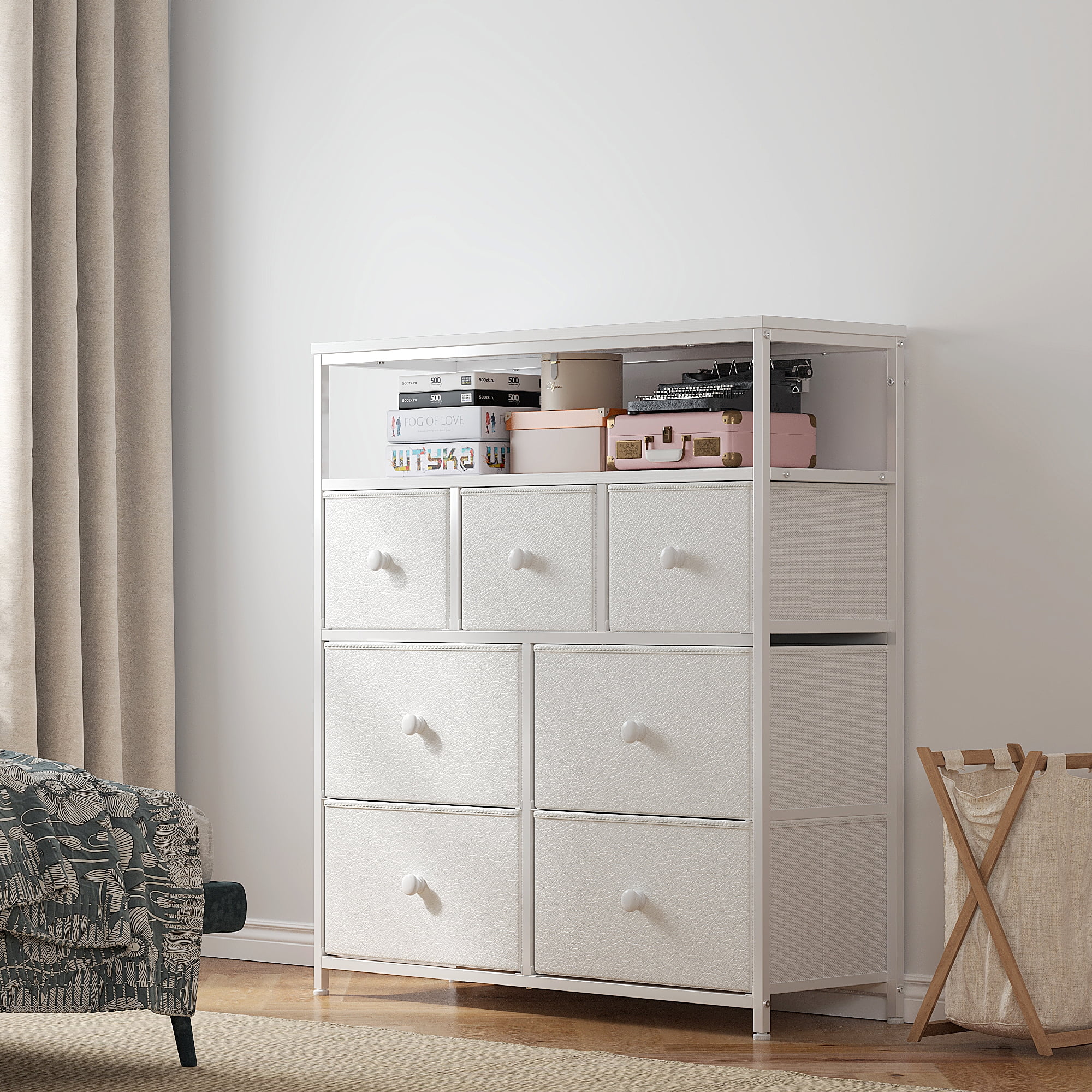 EnHomee White Dresser for Bedroom with 7 Drawers & 2 Shelves TV Stand Dresser with Wooden Top and Metal Frame Tall Dressers & Chest of Drawers for Closets Bedroom