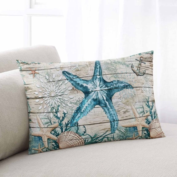 Teal Starfish Coastal Throw Pillow Covers, Summer Beach Nautical Retro Soft Breathable Pillow Cases with Invisible Zipper for Sleeping, Toddler Pillowcases for Couch Bed Sofa Chair 12x20 Inches