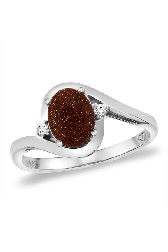 14K White Gold Diamond Natural Goldstone Bypass Engagement Ring Oval 8x6 mm, size 5