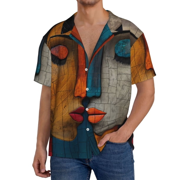 Balery Abstract Colorful Duality Camisa Casual de Manga Corta con Botones para Hombre, Texturizada, Estilo Cubano, para Playa, Verano-Large
