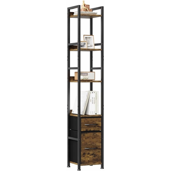 QinaQin 4Tier Bookshelf,Narrow Bookcase with 2 Storage Drawers,Industrial Floor Standing Ladder Shelf for Bedroom,Living Room,Black
