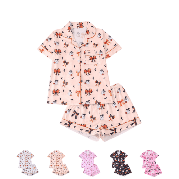 EKVAHL Women's Pajama Sets Button‑Down Short Sleeve Collared Shirts 2 Piece Halloween Ghost Pumpkin Print Loungewear Yellow L