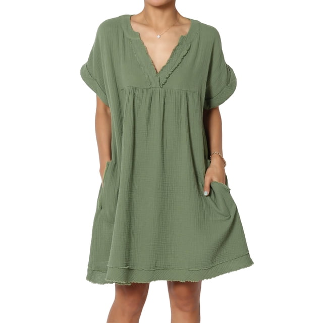 Robe Mini Babydoll en Gaze de Coton à Manches Courtes Col en V Décontractée pour Femmes