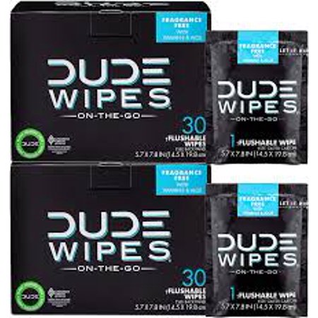 DUDE Wipes Flushable Wet Wipes (2 Packs, 30 Wipes Each) Individually Wrapped for Travel, Unscented Wet Wipes with Vitamin-E & Aloe, Septic and Sewer Safe