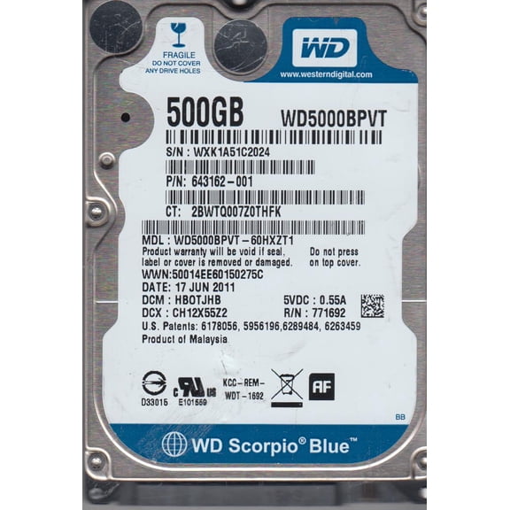 WD5000BPVT-60HXZT1, DCM HBOTJHB, Western Digital 500GB SATA 2.5 Hard Drive