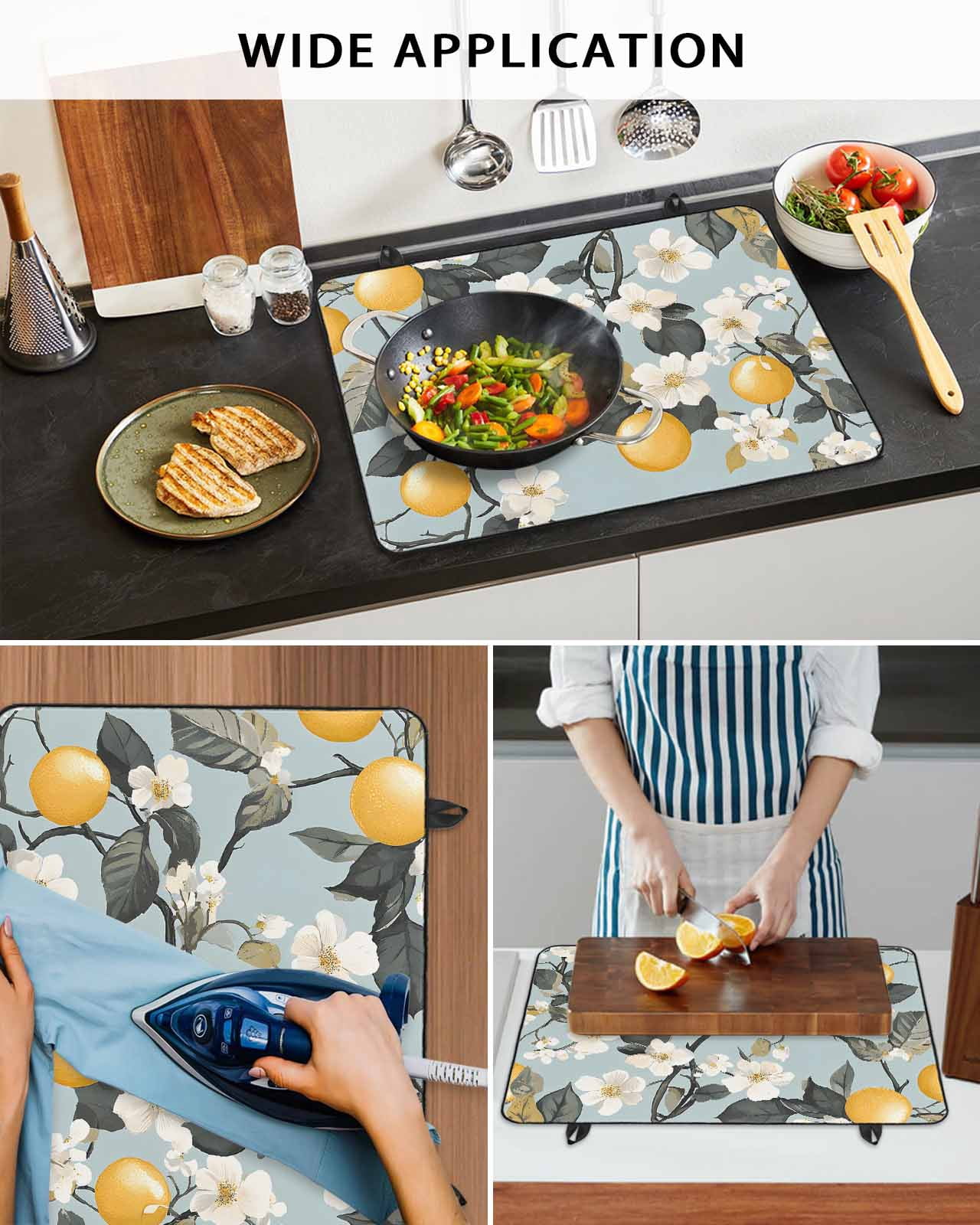 nqOlkjepod Large Induction Cooktop Protector Mat 24"x21", Lemon Flower Stove Top Covers for Electric Stove, Summer Floral Fruit White Floral Branch Stove Burner Cover Mats, Glass Top Stove Cover
