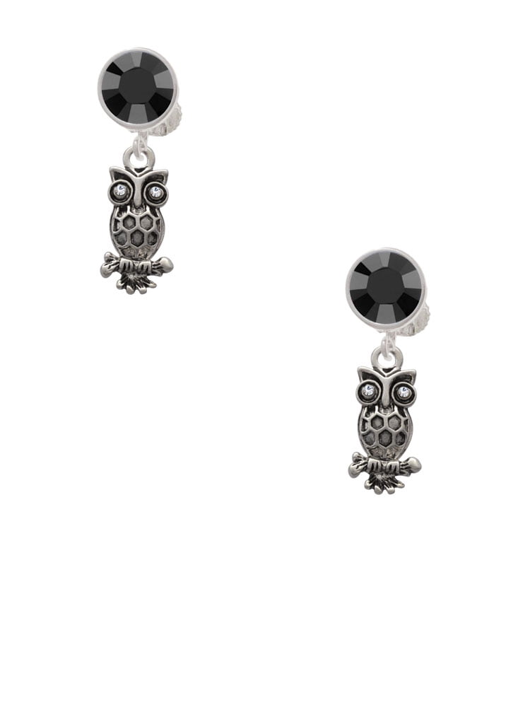Delight Jewelry Silvertone Antiqued Owl with Clear Crystal Eyes Black Crystal Clip on Earrings