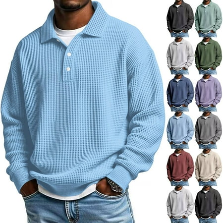 Waffle Long Sleeve Polo Shirts for Men Big and Tall Golf Shirt Casual Collared Heavyweight T Shirts Textured Knit Tops Light Blue L