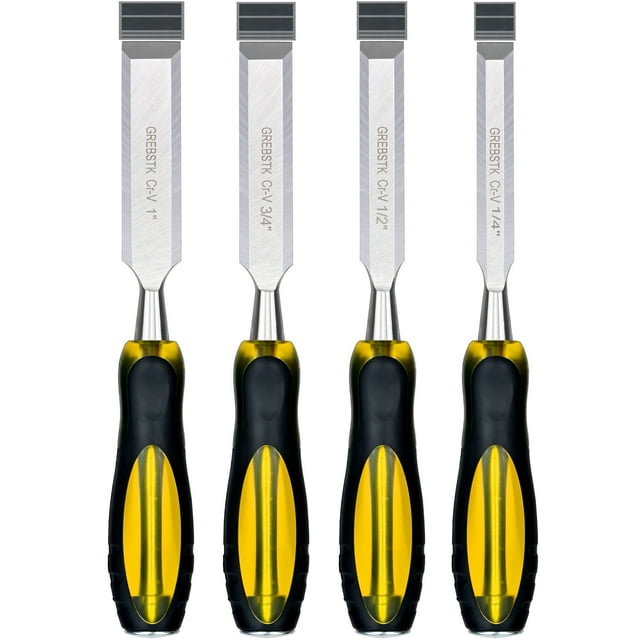 YOPTOP Set of 4 Professional Woodworking Chisels- Chrome Vanadium Steel Polished & Oil Rubbed Finish Durable Handle Pre-Sharpened Wood Carving Tools,PVC transplant handle