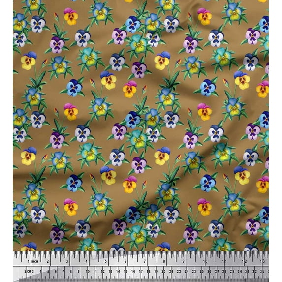 Soimoi Satin Silk Fabric Leaves & Pansy Watercolor Printed Craft Fabric by The Yard 42 Inch Wide