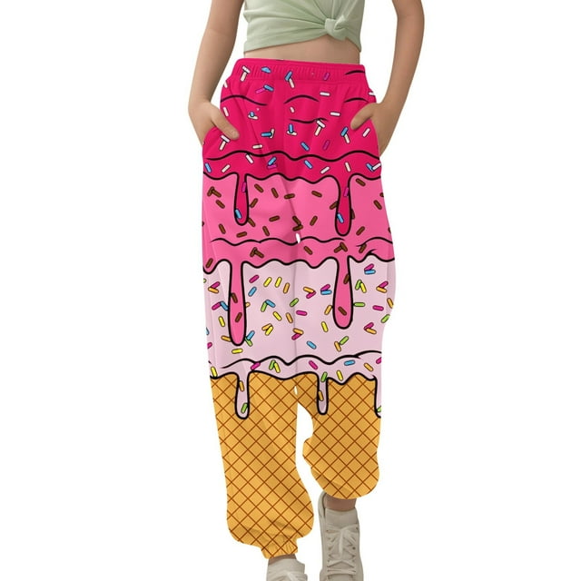 YWOAGH Pantalons pour Filles avec Imprimé Glacé, Taille Élastique, Confortables, Décontractés, pour Jouer en Plein Air, Adaptés aux Tout-Petits de 2 à 13 Ans, Pantalons pour Filles Rouges
