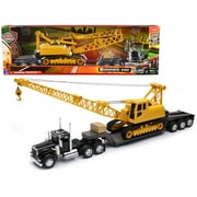 Kenworth W900 Truck with Lowboy Trailer Black and Crane Yellow "Long Haul Trucker" Series 1/32 Diecast Model by New Ray