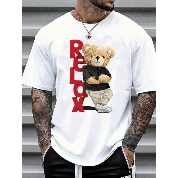 Men's Summer Letter Bear Print Round Neck Short Sleeve Casual T-Shirt