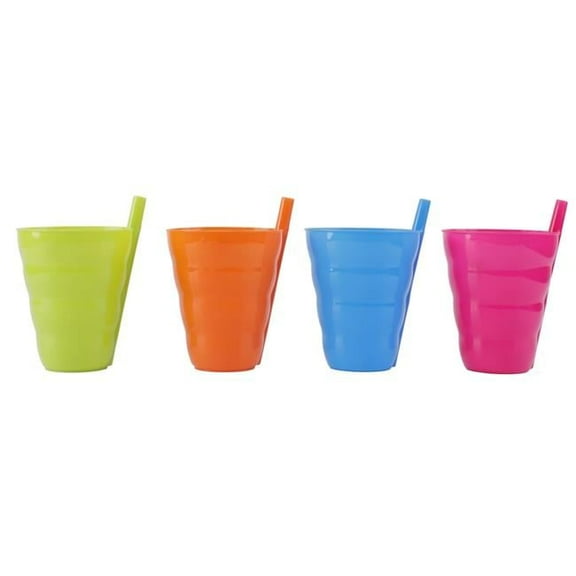 3.3 x 4 in. 10 oz Reusable Plastic Cups with Straw, Blue, Pink, Green & Orange - Set of 4