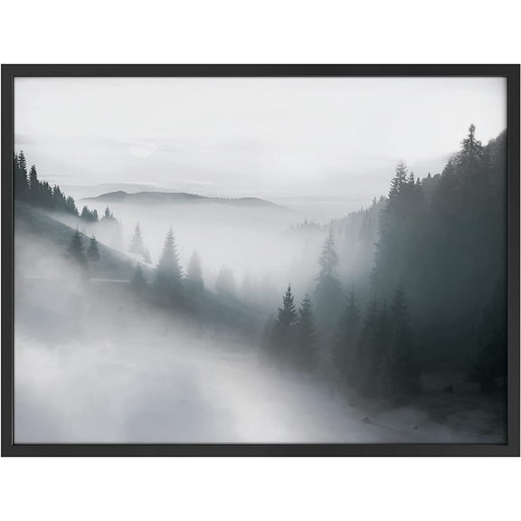 PixonSign Framed Wall Art Print Fog Settles Over Large Forest Nature Wilderness Photography Realism Contemporary Landscape Relax/Calm Black and White for Living Room, Bedroom, Office - 12"x16" BLACK