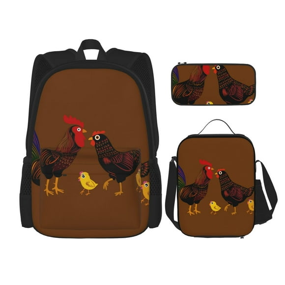 Disketp Chicken Farm Animal Mochila Estampada de Gran Capacidad con Lonchera y Estuche, Set de 3 Piezas para Estudiantes
