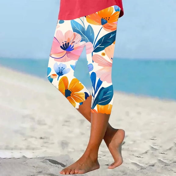 Drovellove Women's Plus Size Printed High Waisted Yoga Capris with Elastic Waistband – Casual Athletic Capri Pants for Workout, Beach Holidays, or Active Everyday Style