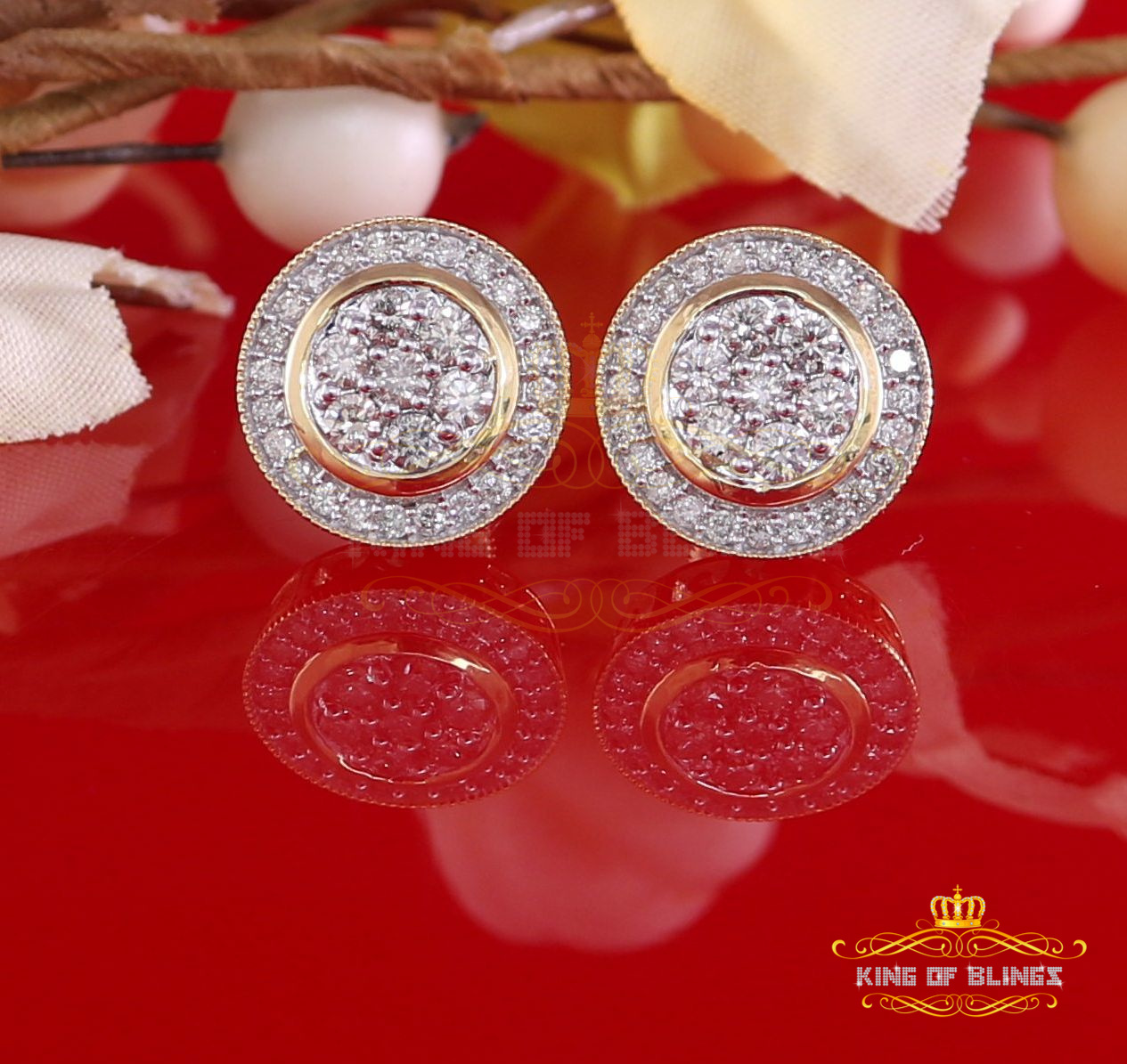King of Bling's 10K Real Yellow Gold Real Diamond 1.66CT Men's/Women's Stud Round Earring
