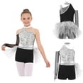 thumbnail image 2 of Aislor Girls Ballet Skirted Bodysuit Sequins Performance Jumpsuit Asymmetrical Latin Jazz Dance Dress Leotard Silver 12, 2 of 7